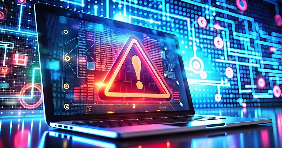 Laptop mit Warnhinweis auf dem Bildschirm, symbolisiert Bedrohungen durch Viren, Malware und unsichere E-Mails in der digitalen Kommunikation.