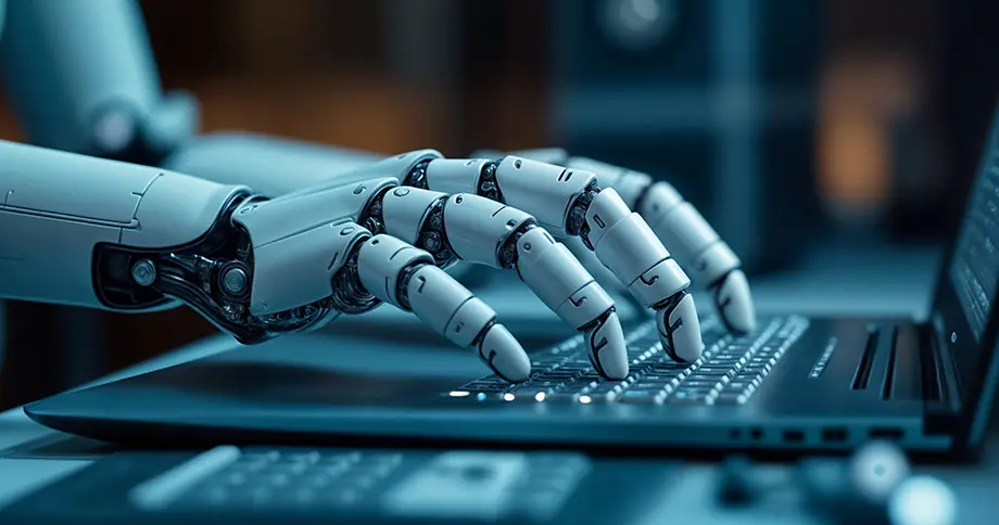 Roboterhand tippt auf der Tastatur eines Laptops - steht für KI-gestützte Text- und E-Mail-Automation in immoprofessional zur effizienten Immobilienvermarktung.
